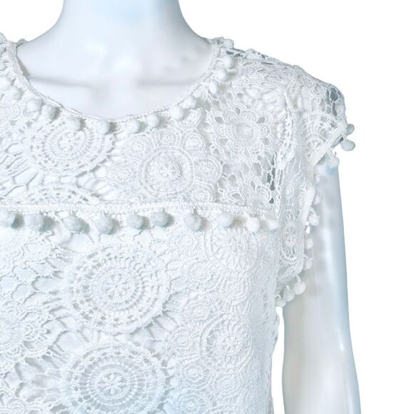 Lace Embroidered Short Sleeve Pom Pom Blouse White Coquette - Picture 2 of 10